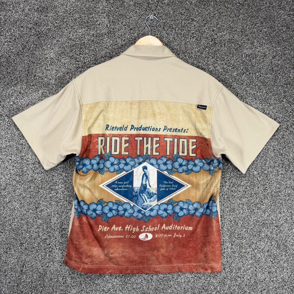 RIETVELD USA Camp Shirt Mens L Tan Ride The Tide Back Graphic Surfer Lightweight